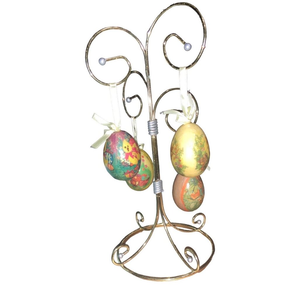 Decorative Easter Eggs Decor With Ribbon Hangers and Metal Display Stand